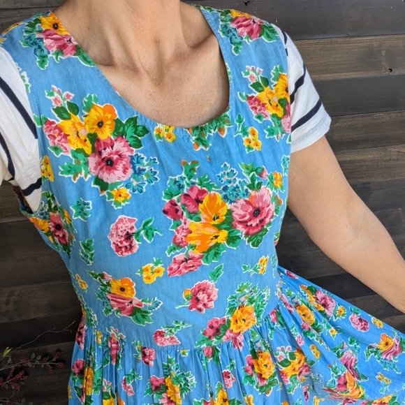 vintage FLORAL COTTON DRESS 1980's midi M - Picture 2 of 11